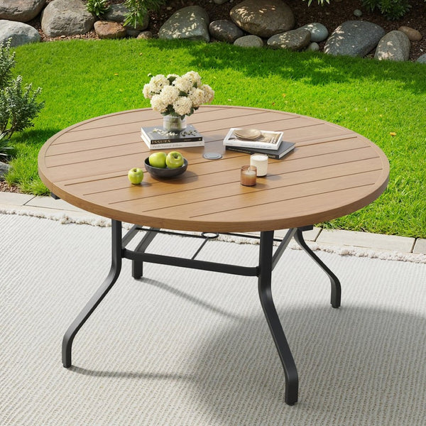 English Elm Round Outdoor Metal Patio Dining Table with Wood Grain Texture and Umbrella Hole T3623P504723