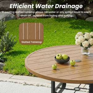 English Elm Round Outdoor Metal Patio Dining Table with Wood Grain Texture and Umbrella Hole T3623P504723