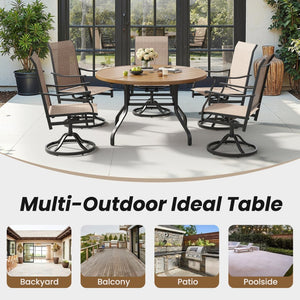 English Elm Round Outdoor Metal Patio Dining Table with Wood Grain Texture and Umbrella Hole T3623P504723