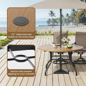 English Elm Round Outdoor Metal Patio Dining Table with Wood Grain Texture and Umbrella Hole T3623P504723