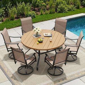 English Elm Round Outdoor Metal Patio Dining Table with Wood Grain Texture and Umbrella Hole T3623P504723