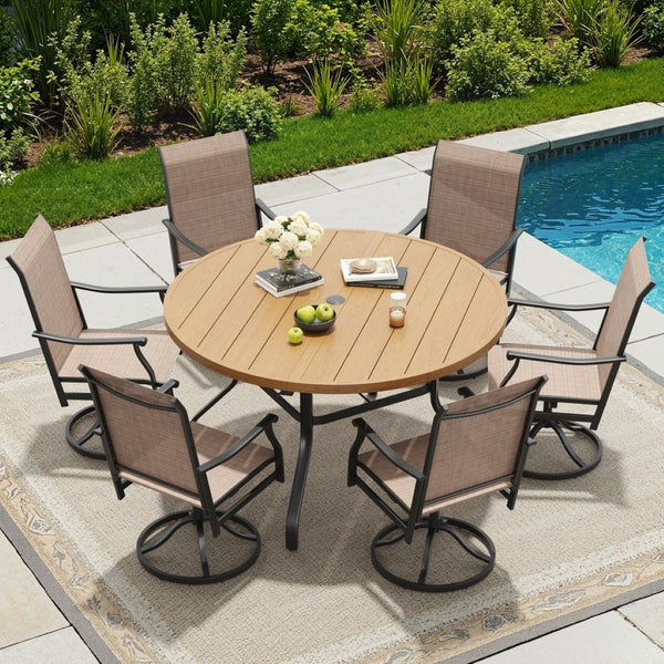 English Elm Round Outdoor Metal Patio Dining Table with Wood Grain Texture and Umbrella Hole T3623P504723