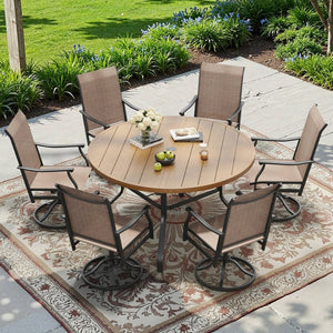 English Elm Round Outdoor Metal Patio Dining Table with Wood Grain Texture and Umbrella Hole T3623P504723