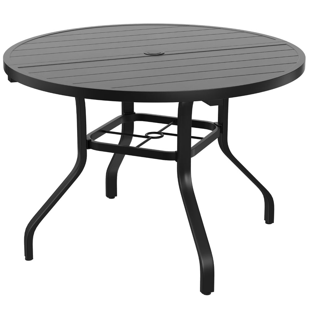 English Elm Round Outdoor Dining Table Weather Resistant Metal Frame Wood Grain Patio Seats Six Black T3623P504736