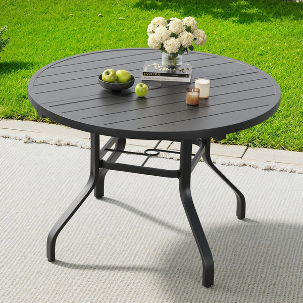 English Elm Round Outdoor Dining Table Weather Resistant Metal Frame Wood Grain Patio Seats Six Black T3623P504736