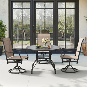 English Elm Round Outdoor Dining Table Weather Resistant Metal Frame Wood Grain Patio Seats Six Black T3623P504736