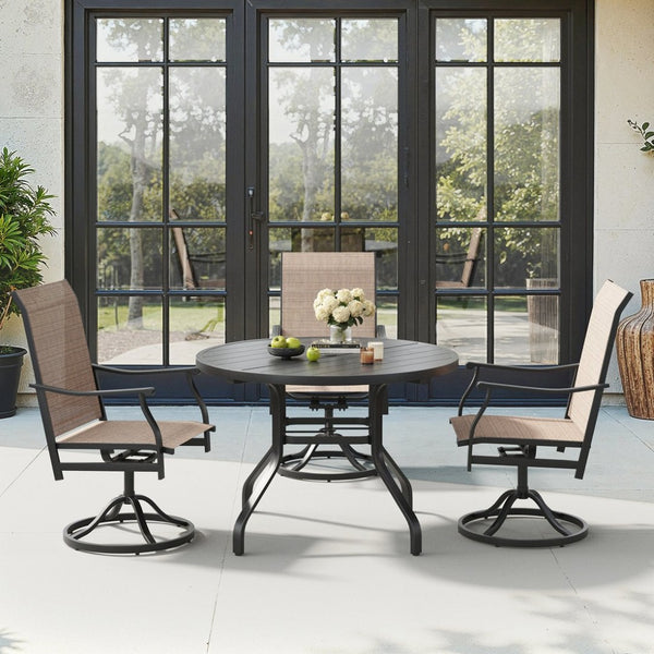 English Elm Round Outdoor Dining Table Weather Resistant Metal Frame Wood Grain Patio Seats Six Black T3623P504736