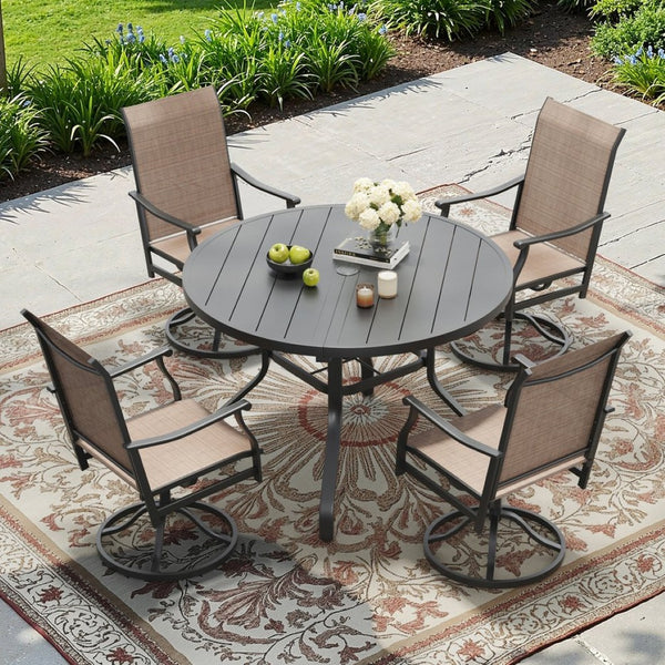English Elm Round Outdoor Dining Table Weather Resistant Metal Frame Wood Grain Patio Seats Six Black T3623P504736