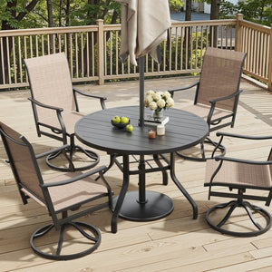 English Elm Round Outdoor Dining Table Weather Resistant Metal Frame Wood Grain Patio Seats Six Black T3623P504736