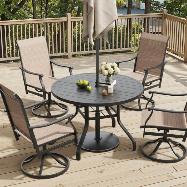 English Elm Round Outdoor Dining Table Weather Resistant Metal Frame Wood Grain Patio Seats Six Black T3623P504736