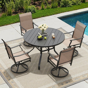 English Elm Round Outdoor Dining Table Weather Resistant Metal Frame Wood Grain Patio Seats Six Black T3623P504736