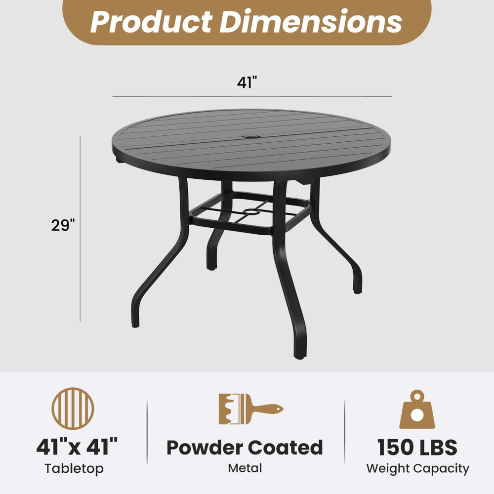 English Elm Round Outdoor Dining Table Weather Resistant Metal Frame Wood Grain Patio Seats Six Black T3623P504736