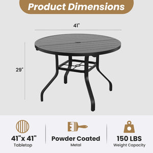 English Elm Round Outdoor Dining Table Weather Resistant Metal Frame Wood Grain Patio Seats Six Black T3623P504736