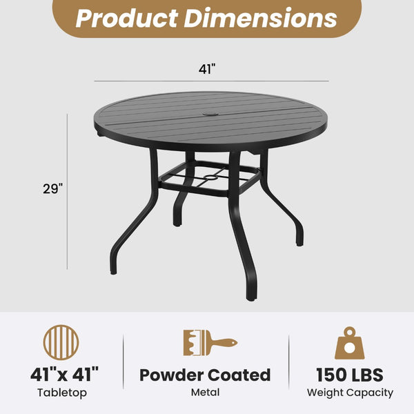 English Elm Round Outdoor Dining Table Weather Resistant Metal Frame Wood Grain Patio Seats Six Black T3623P504736