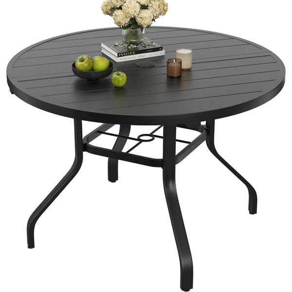 English Elm Round Outdoor Dining Table Weather Resistant Metal Frame Wood Grain Patio Seats Six Black T3623P504736