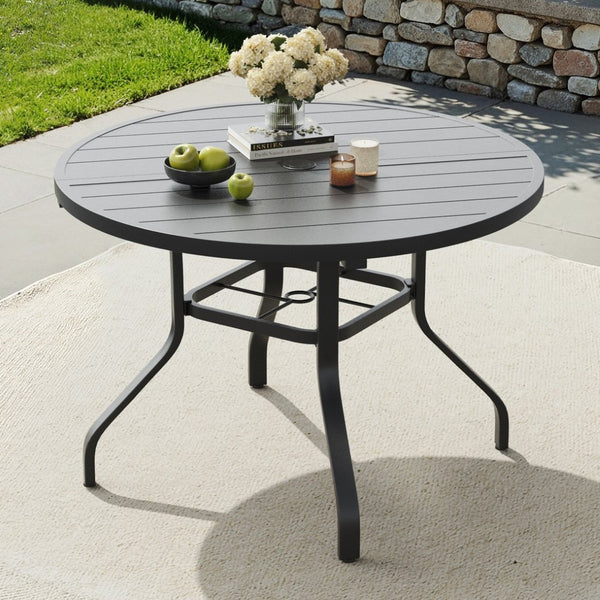 English Elm Round Outdoor Dining Table Weather Resistant Metal Frame Wood Grain Patio Seats Six Black T3623P504736
