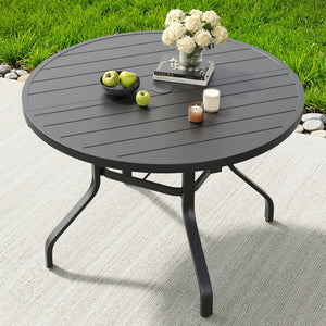 English Elm Round Outdoor Dining Table Weather Resistant Metal Frame Wood Grain Patio Seats Six Black T3623P504736