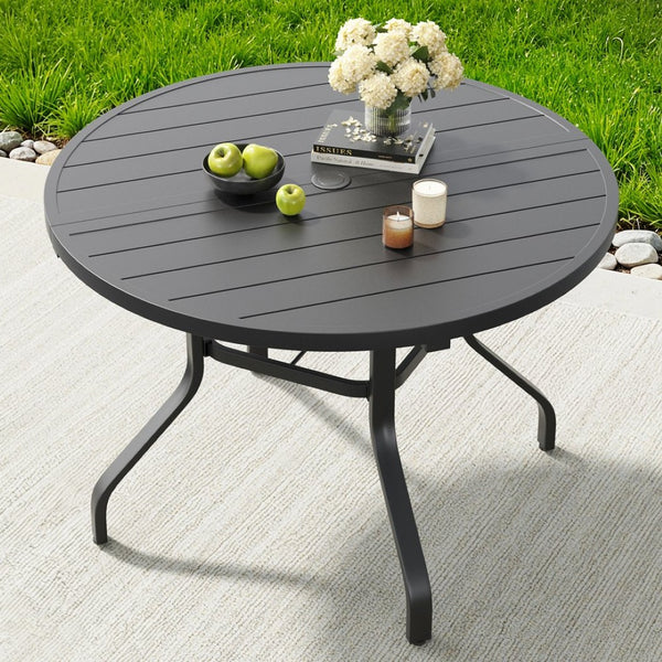 English Elm Round Outdoor Dining Table Weather Resistant Metal Frame Wood Grain Patio Seats Six Black T3623P504736