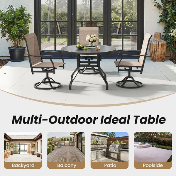 English Elm Round Outdoor Dining Table Weather Resistant Metal Frame Wood Grain Patio Seats Six Black T3623P504736