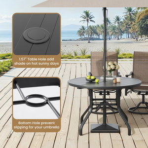 English Elm Round Outdoor Dining Table Weather Resistant Metal Frame Wood Grain Patio Seats Six Black T3623P504736