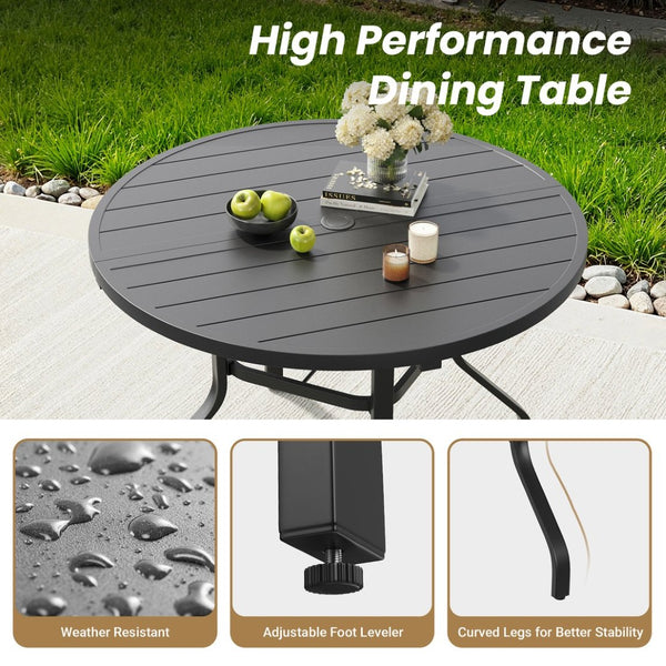 English Elm Round Outdoor Dining Table Weather Resistant Metal Frame Wood Grain Patio Seats Six Black T3623P504736