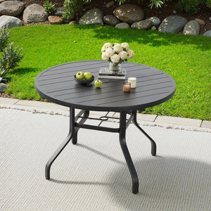 English Elm Round Outdoor Dining Table Weather Resistant Metal Frame Wood Grain Patio Seats Six Black T3623P504736
