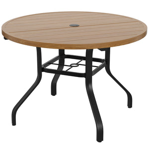 English Elm Round Outdoor Dining Table Weather Resistant Metal Frame Wood Grain Patio Seats Six Natural T3623P505057