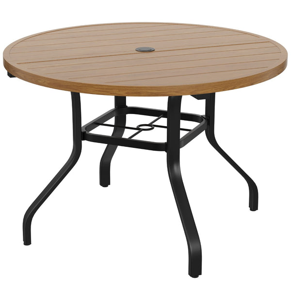 English Elm Round Outdoor Dining Table Weather Resistant Metal Frame Wood Grain Patio Seats Six Natural T3623P505057