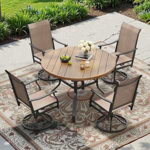 English Elm Round Outdoor Dining Table Weather Resistant Metal Frame Wood Grain Patio Seats Six Natural T3623P505057