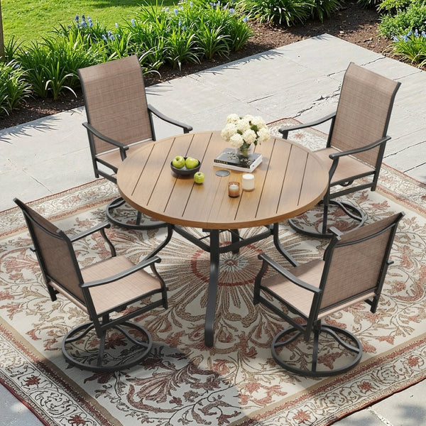 English Elm Round Outdoor Dining Table Weather Resistant Metal Frame Wood Grain Patio Seats Six Natural T3623P505057