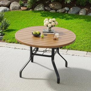 English Elm Round Outdoor Dining Table Weather Resistant Metal Frame Wood Grain Patio Seats Six Natural T3623P505057
