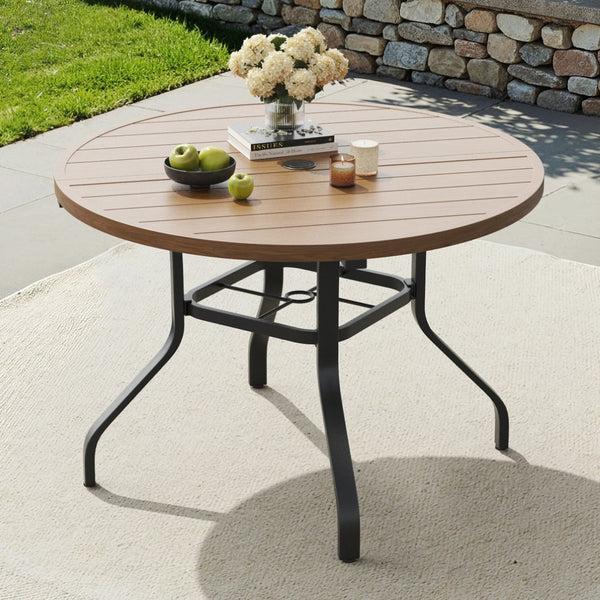 English Elm Round Outdoor Dining Table Weather Resistant Metal Frame Wood Grain Patio Seats Six Natural T3623P505057