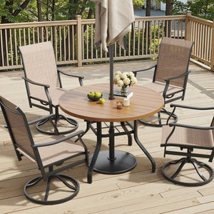 English Elm Round Outdoor Dining Table Weather Resistant Metal Frame Wood Grain Patio Seats Six Natural T3623P505057