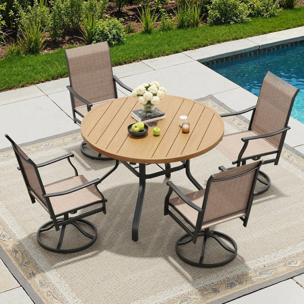 English Elm Round Outdoor Dining Table Weather Resistant Metal Frame Wood Grain Patio Seats Six Natural T3623P505057