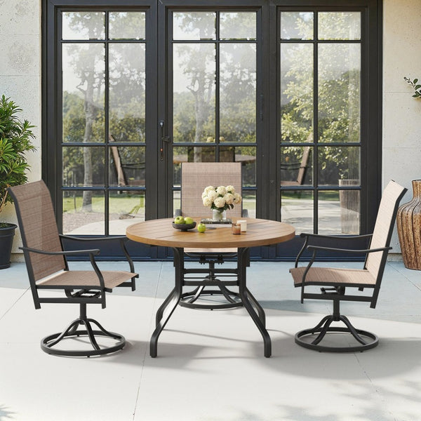 English Elm Round Outdoor Dining Table Weather Resistant Metal Frame Wood Grain Patio Seats Six Natural T3623P505057