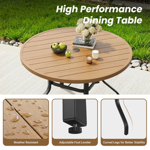 English Elm Round Outdoor Dining Table Weather Resistant Metal Frame Wood Grain Patio Seats Six Natural T3623P505057