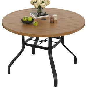 English Elm Round Outdoor Dining Table Weather Resistant Metal Frame Wood Grain Patio Seats Six Natural T3623P505057