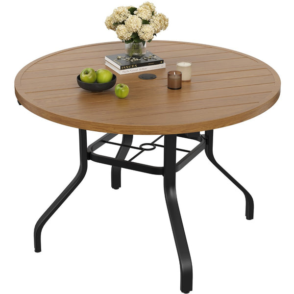 English Elm Round Outdoor Dining Table Weather Resistant Metal Frame Wood Grain Patio Seats Six Natural T3623P505057