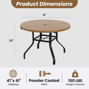 English Elm Round Outdoor Dining Table Weather Resistant Metal Frame Wood Grain Patio Seats Six Natural T3623P505057