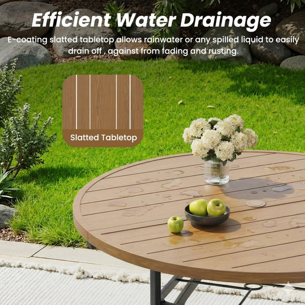 English Elm Round Outdoor Dining Table Weather Resistant Metal Frame Wood Grain Patio Seats Six Natural T3623P505057