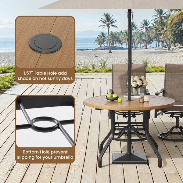 English Elm Round Outdoor Dining Table Weather Resistant Metal Frame Wood Grain Patio Seats Six Natural T3623P505057