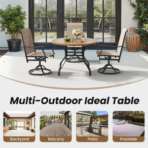 English Elm Round Outdoor Dining Table Weather Resistant Metal Frame Wood Grain Patio Seats Six Natural T3623P505057