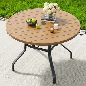 English Elm Round Outdoor Dining Table Weather Resistant Metal Frame Wood Grain Patio Seats Six Natural T3623P505057
