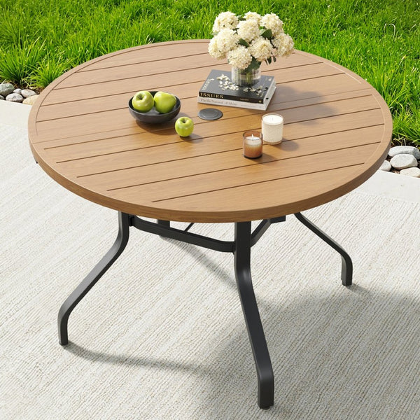 English Elm Round Outdoor Dining Table Weather Resistant Metal Frame Wood Grain Patio Seats Six Natural T3623P505057