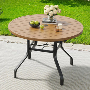 English Elm Round Outdoor Dining Table Weather Resistant Metal Frame Wood Grain Patio Seats Six Natural T3623P505057