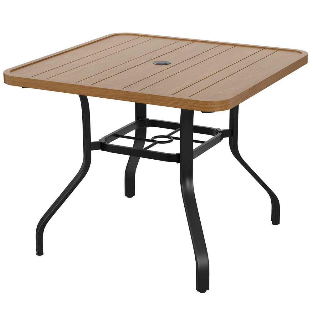 English Elm Outdoor Square Patio Dining Table Powder Coated Metal Frame Wood Grain Slat Top T3623P505096