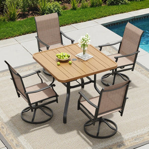 English Elm Outdoor Square Patio Dining Table Powder Coated Metal Frame Wood Grain Slat Top T3623P505096
