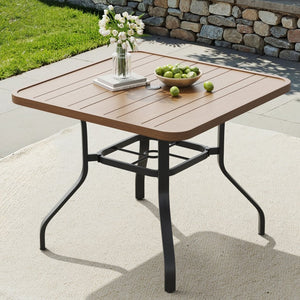 English Elm Outdoor Square Patio Dining Table Powder Coated Metal Frame Wood Grain Slat Top T3623P505096
