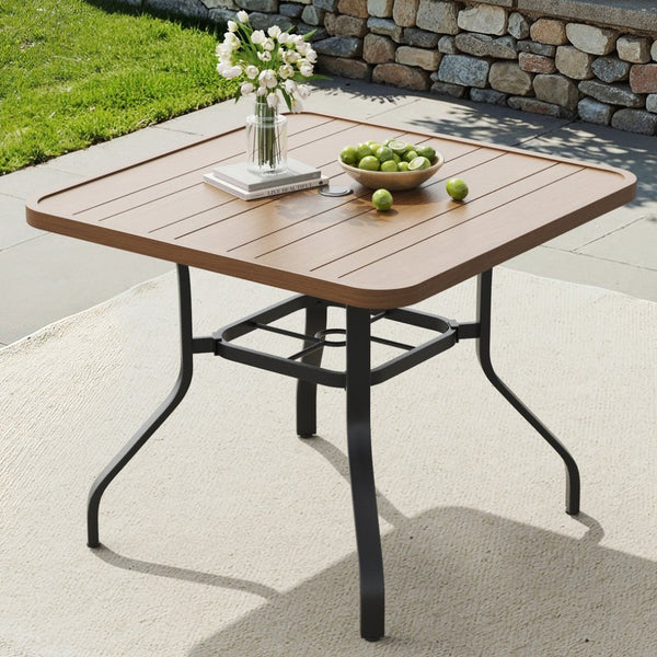 English Elm Outdoor Square Patio Dining Table Powder Coated Metal Frame Wood Grain Slat Top T3623P505096