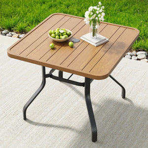 English Elm Outdoor Square Patio Dining Table Powder Coated Metal Frame Wood Grain Slat Top T3623P505096